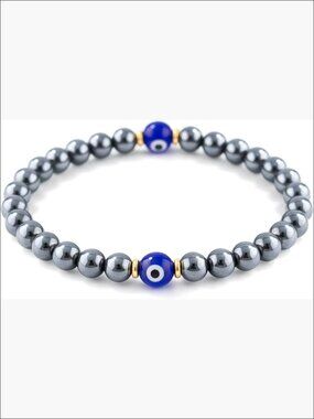 Handmade Hematite Evil Eye Protection Bracelet, Unisex Stretch